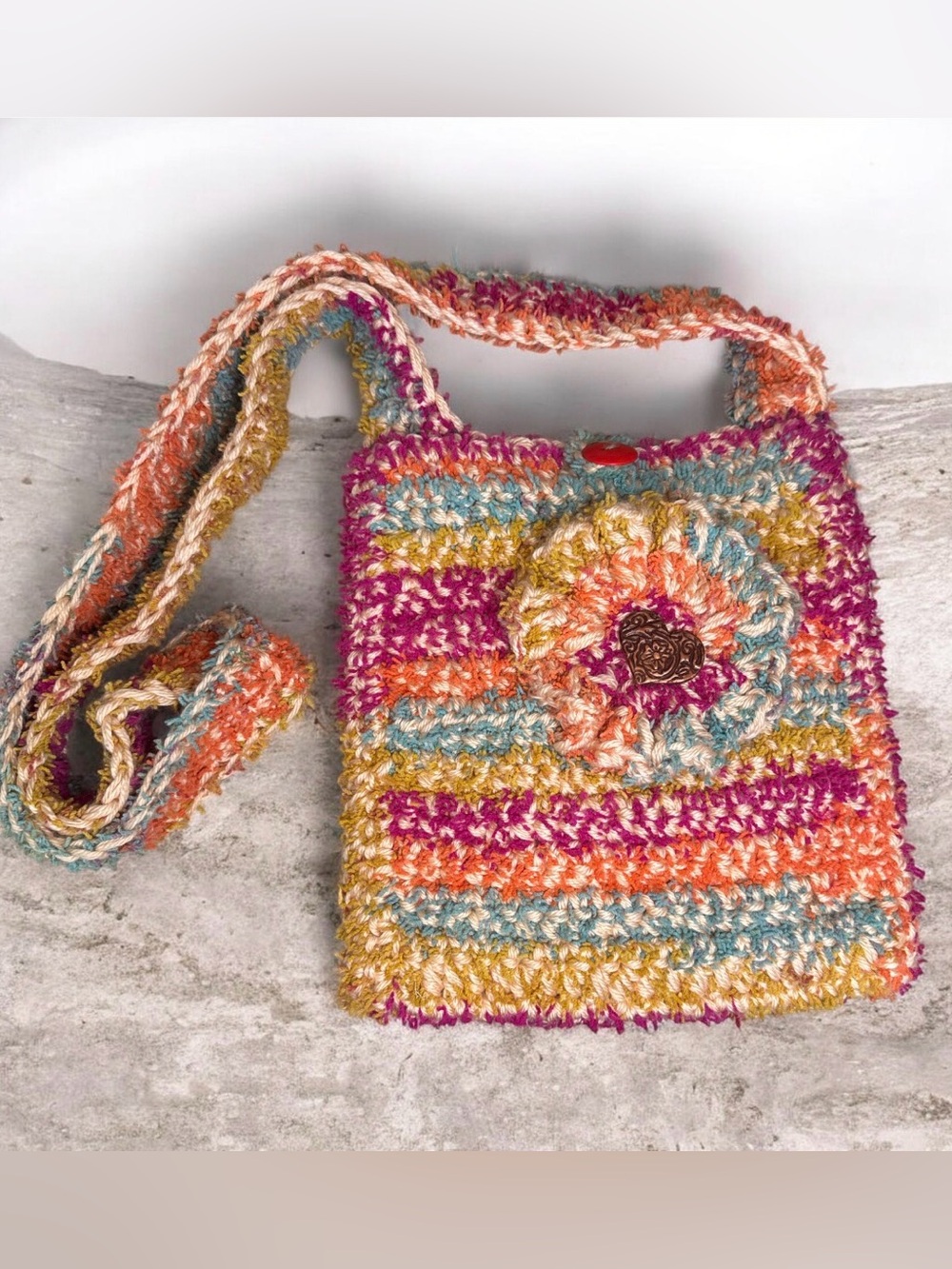 Handcrafted Multicolor Crochet Lined Crossbody Bag - Pink/Orange/Blue
